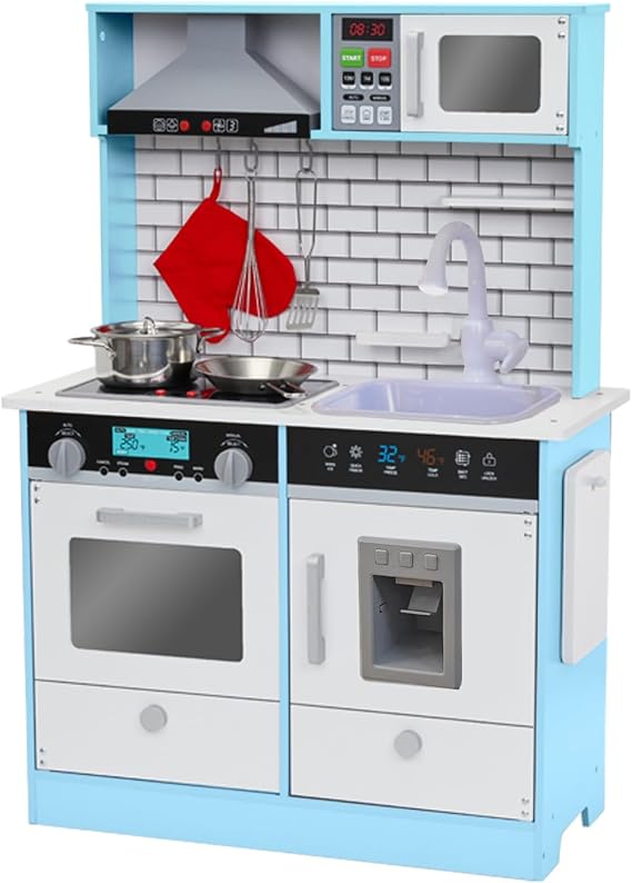 Lil' Jumbl Wooden Play Kitchen Set, Range Hood & Oven Sounds, Medium, Blue | Play Sink, Light Up Microwave, Clicking Knobs & Ice Maker, 8 Accessories, For Playrooms, Daycare & Classrooms