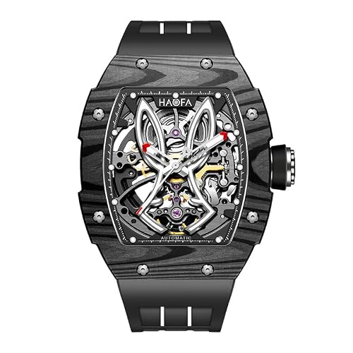 Haofa Skeleton Automatic Mechanical Mens Watch Carbon Fiber Rabbit Dial Watch Luminous Waterproof Self-Wind Business Watch for Men 1985