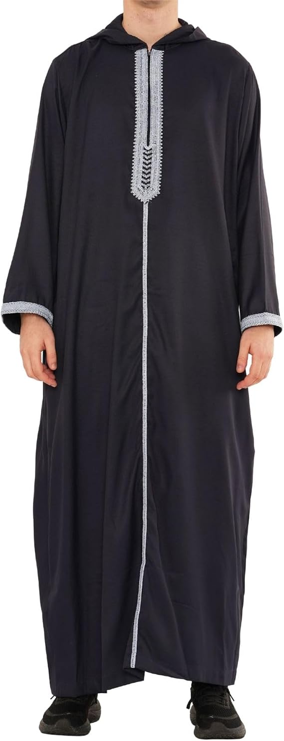 Men's Navy Moroccan Thobe Hooded Djellaba Gandoura Blue Embroidery Kaftan Eid Robe Jubba