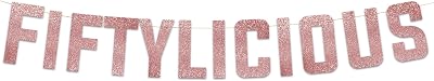 Fiftylicious Rose Gold Glitter Banner - Happy 50th Birthday Party Banner - 50th Wedding Anniversary Decorations - Milestone Birthday Party Decorations