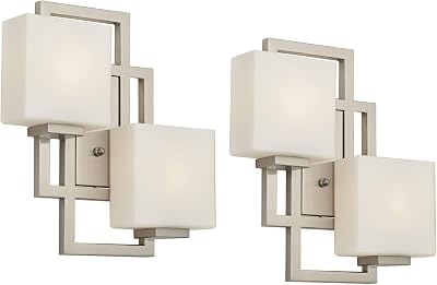 Possini Euro Design Lighting on The Square Modern Wall Light Sconces Set of 2 Brushed Nickel Hardwired 13 34 2-Light Fixture Opal Glass for Bedroom Bathroom Vanity Living Room Home Hallway Dining