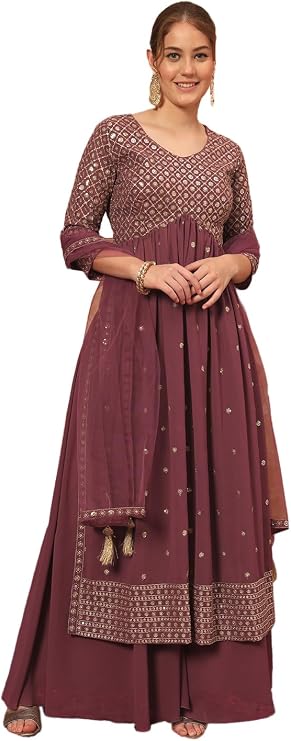 Shopping Queen Women's Georgette Embroidered Kurta set with Dupatta