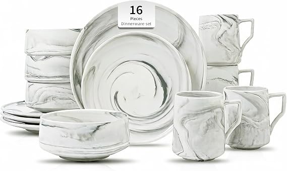 16 Piece Plates and Bowls Sets, Fine China Artisan Marbled Dinner Set for 4, Dishwasher Safe Dinnerware Set, Scratch Resistant, Grey
