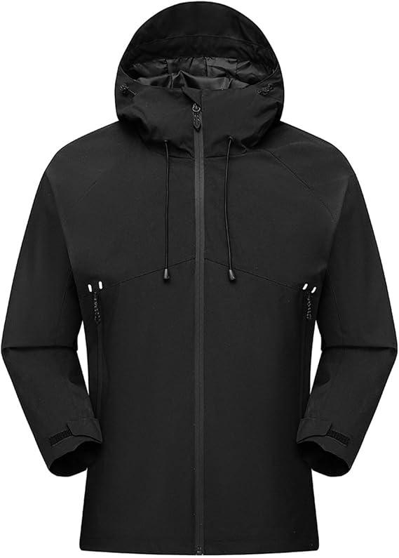 Cycling Jacket Mens Waterproof Softshell Jacket with Zip Pockets, Drawstring Hooded, Hook and Loop Cuff, Outdoor Lightweight Zip Up Rain Coat Windbreaker for Walking Hiking
