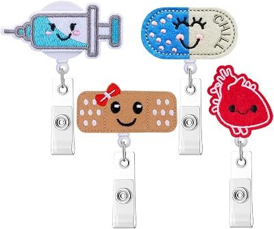 HASFINE 4 Pack Badge Reels Retractable Medical Badge Holder,Cute Smile Heart Pill Syringe Bandaid Badge Holder Nursing Badge Reel with ID Clip,Felt Bandage ID Card Holder for Nurse Doctor Teacher