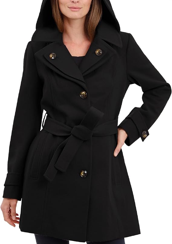 LONDON FOG womens Double Lapel Thigh Length Button Front Wool Coat With Belt