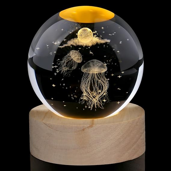 3D Jellyfish Crystal Ball Jelly Fish Light Lamp Crystal Gifts for Women Jellyfish Paperweight Glass Ornaments Animal Ornaments Cute Figurines Gifts