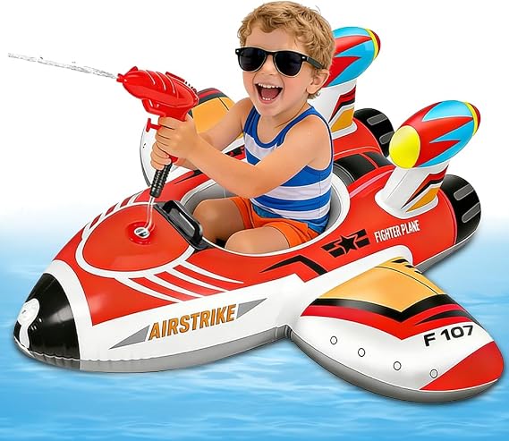 Inflatable Airplane Pool Floats, SGZIOO Inflatable Boat with Squirt Gun and Handle, Swimming Floats, Pool & Water Floating Toy, Summer Outdoor Games Beach Toys, Ride-on Plane Swim Ring for Water Parks