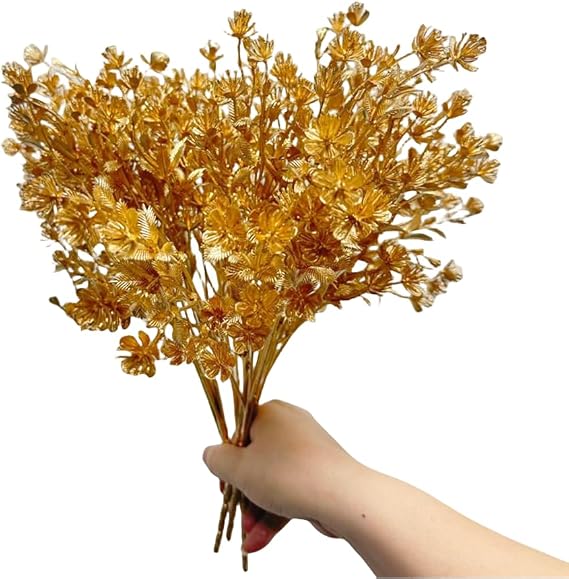 Rikyo 4pcs Gold Baby Breath Gypsophila Embellishing Florals | 14inch Tropical Bouquets Stems for Holiday Fill, Indoor Outside Party Flower, Wreaths,Wedding Backdrop Arch Wall
