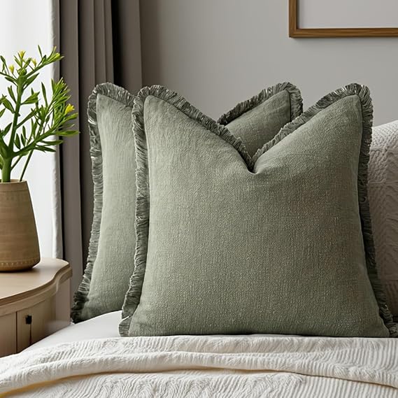 Set of 2 18x18 Inch Decorative Linen Fringe Throw Pillow Covers Washed Cotton Boho Farmhouse Throw Pillowcases for Sofa Bed Camping (Green)