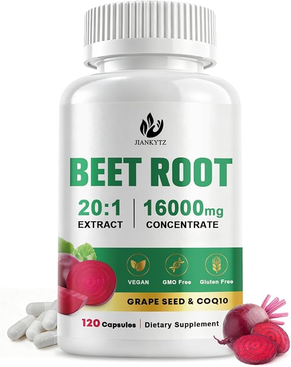 Beet Root Capsules for Nitric Oxide, Circulation, Heart, Antioxidant Support, Beet Root Supplements with CoQ10, Grape Seed, L-Arginine, Gluten-Free, 120 Capsules