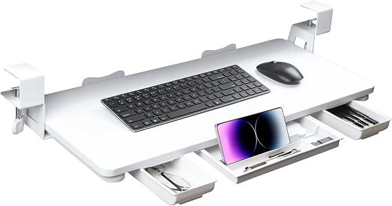 Keyboard Tray Under Desk with Drawer26.77 X 11.81Large Size Keyboard Tray with C Clamp-on Mount Easy to Install for Home Office (White)