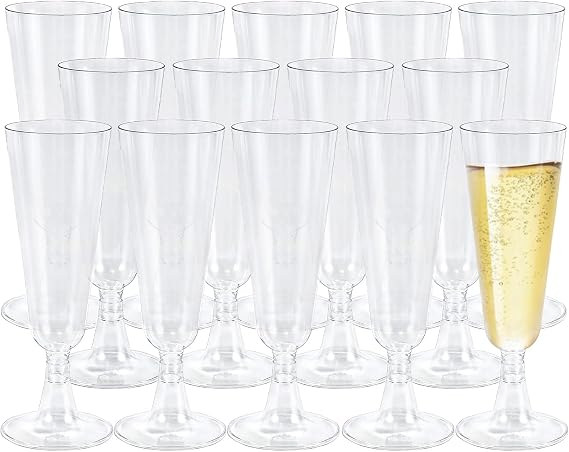50pcs Champagne Flutes Reusable, 160ml/5oz Clear Prosecco Glasses, Sturdy Plastic for Wedding, Birthday, Party Toasting