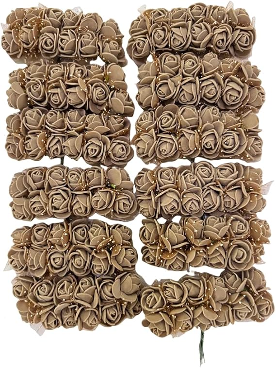 144pcs Brown Mini Artificial Rose Flowers Heads and Soft Stem, PE Flower