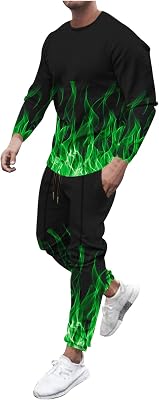 Muscularfit Mens Casual Tracksuit Long Sleeve Running Jogging Sweatsuit Causal Long Sleeve 3D Flame Print Sweatsuit 2 Piece