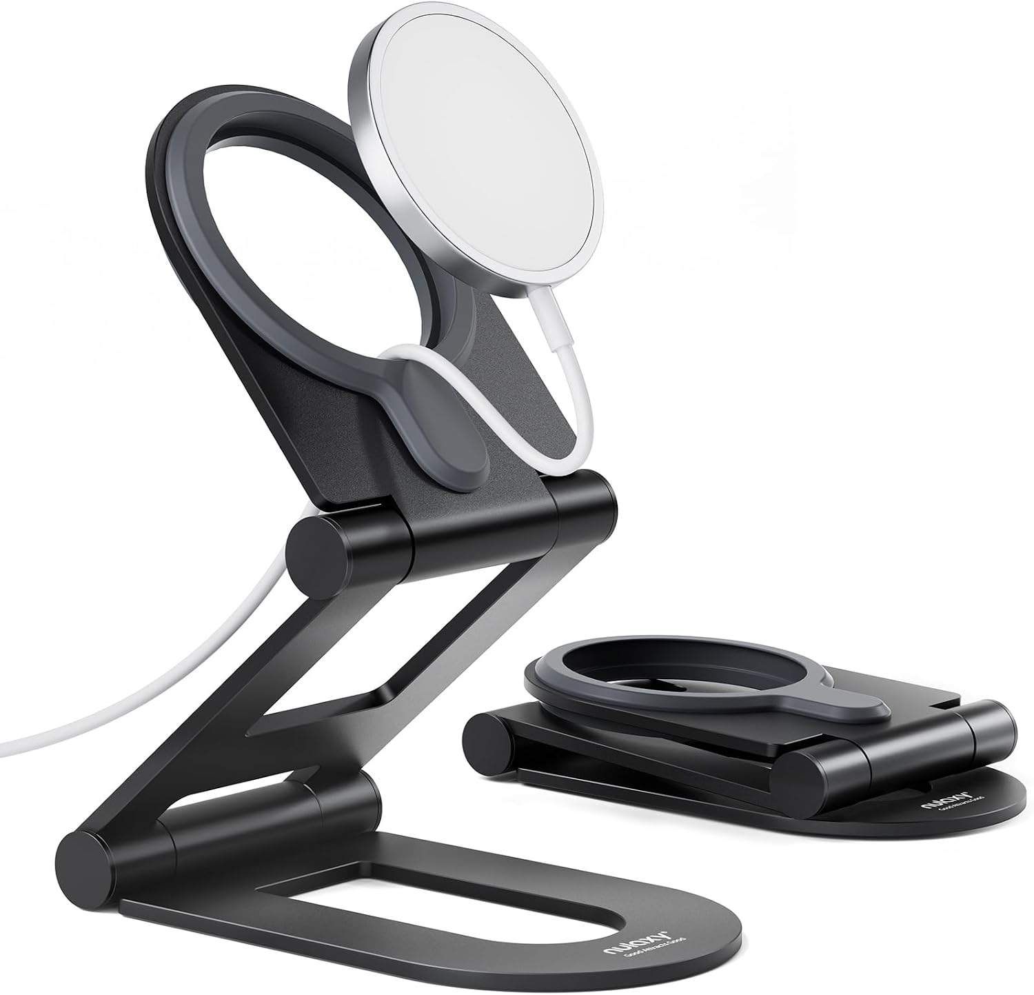 Nulaxy Dual Folding Phone Stand for MagSafe Charger MagSafe Charger Not Included, Fully Adjustable Aluminum Magsafe Charging Desk Mount Holder, Compatible with iPhone 16 15 14 13 12 Series, Black
