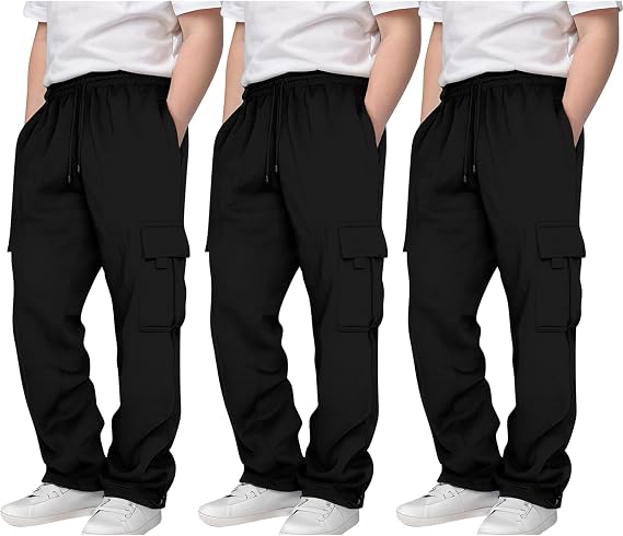 3 Pack Cargo Sweatpants for Boys Fleece Heavyweight Cargo Joggers Drawstring Elastic Waist Sweat Pants with Pockets 3-12 T