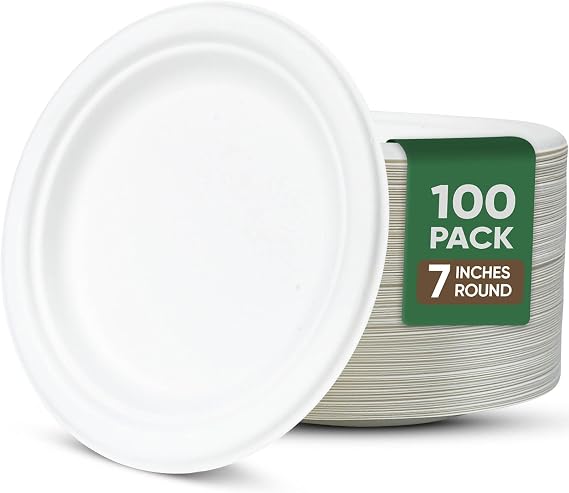 TaidMiao White Disposable Paper Plate 7 inch,100% Compostable,100 Pack