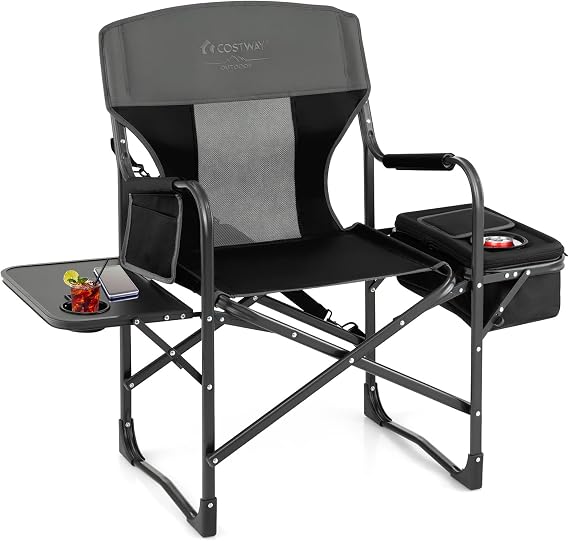 COSTWAY Folding Camping Chair, Heavy-Duty Director Chair Supports 400lbs for Adults with Side Table, Cooler Bag, Storage, Strap, Portable Makeup Chair Suitable for Fishing Picnic