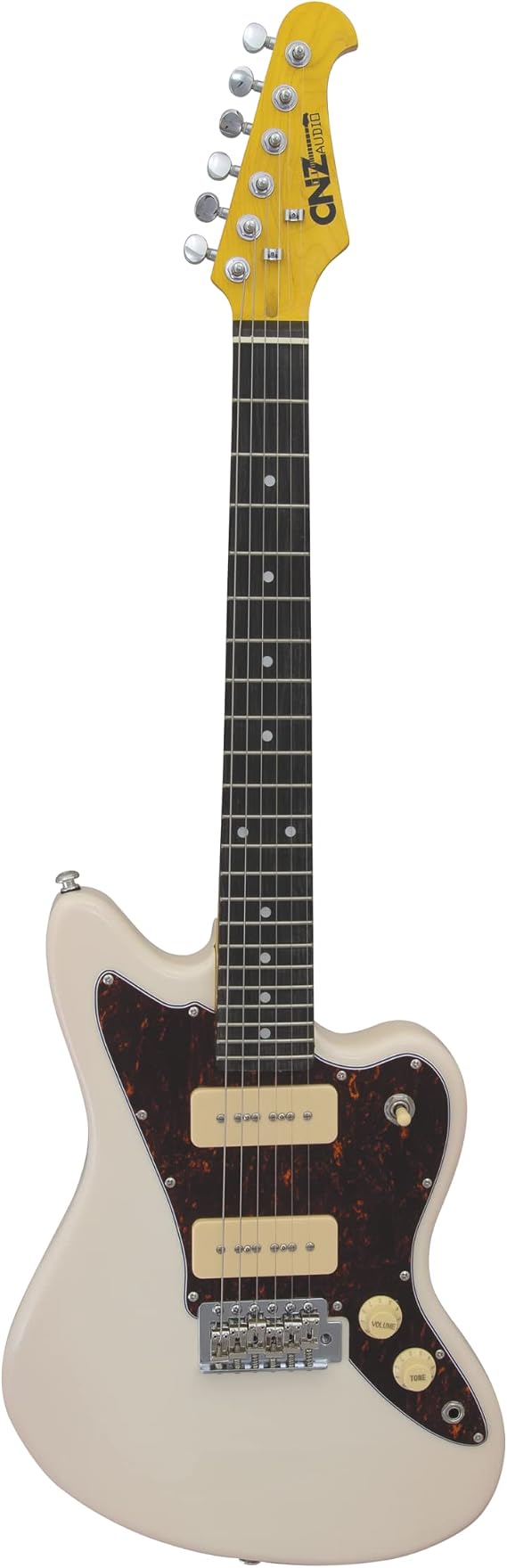JM Mini Electric Guitar - Ivory, 3-Ply Tortoise Pickguard, Maple Neck, 22 Inch Short Scale (3/4 Scale, 7/8 Length), Twin P-90 Pickups, Tremolo Bar, Pure Tone Awesomeness!