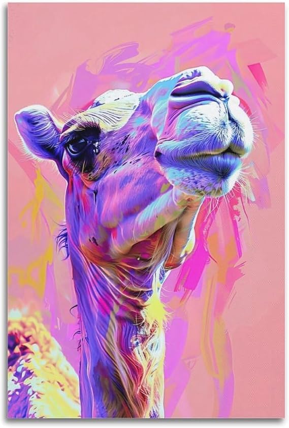 CWBUFD Animal Poster Abstract Neon Dromedary Pop Art Visual Illusion Decorative Canvas Family Bedroom Artwork Picture Painting 20x30inch(50x75cm)