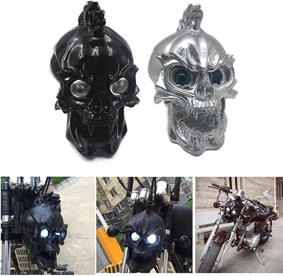 Motorcycle Skull Head Light LED Headlight Lamp For Harley Honda Suzuki Chopper Cruiser Bobber (Chrome)