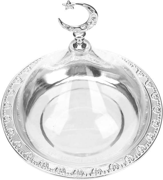 Zerodeko Eid Mubarak Cake Stand with Dome Lid Ramadan Cake Plate with Acrylic Cover Metal Muslim Dessert Holder Serving Tray for Eid Mubarak Party,