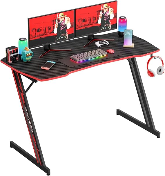 Large Gaming Desk Z Shaped 47 inch Home Office Gaming Table PC Computer Desk with Headphone Hook for Gamer Workstation, Red