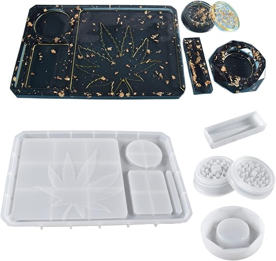 5 Piece Silicone Molds - Large Rolling Ashtray and Resin Grinder Mold with Efficient Spikes and Storage