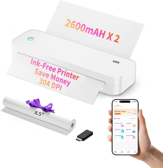 wbk Portable Printer,Portable Printers Wireless for Travel,Thermal-Bluetooth-Wireless-Printer Compatible with Android,iOS,Inkless-Small-Printer Support 8.5" X 11"US Letter&Legal,A4&A5 Thermal Paper