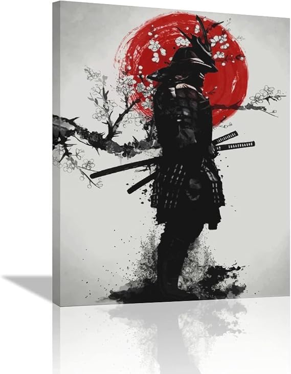 Japanese Samurai Wall Art - Armored Samurai Painting Canvas Prints - Bushido Inspirational Poster - Modern Home Decor - Framed for Bedroom, Living Room, Office