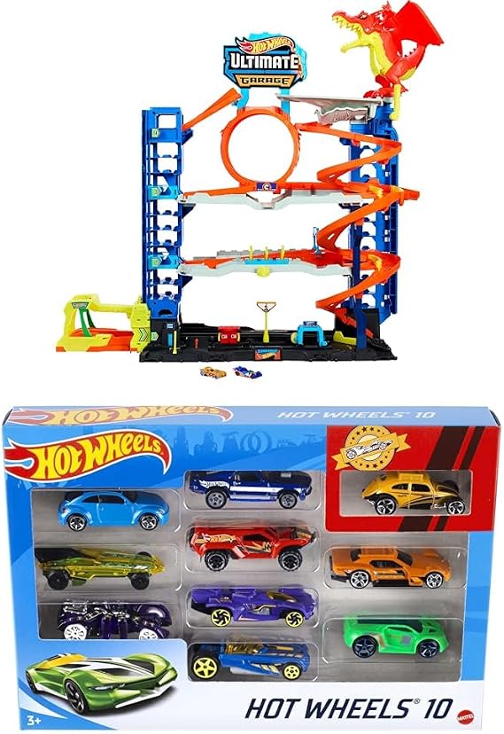 Bundle of Hot Wheels City Ultimate Garage Track Set with 2 Toy Cars & Car-Eating Dragon, Stores 50+ Vehicles, 4 Levels + Hot Wheels Set of 10 Toy Trucks and Cars, Styles May Vary