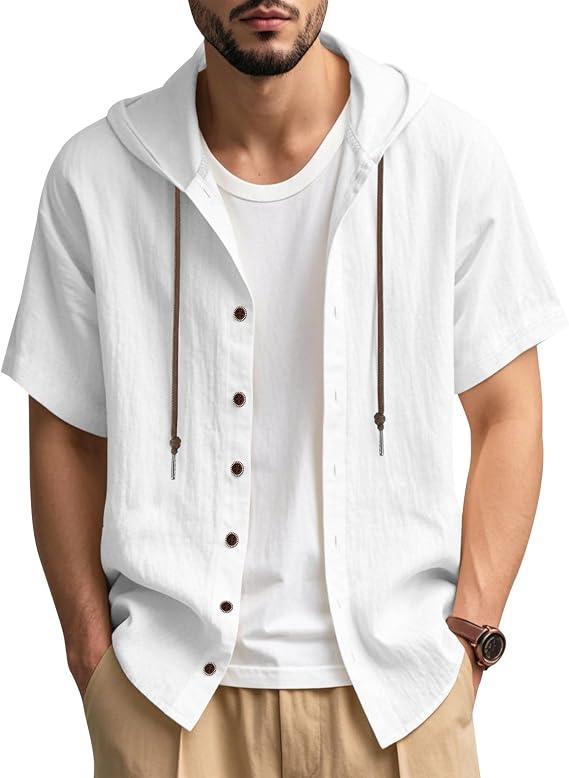 Summer Linen Shirt for Men Short Sleeved Button Down Shirts Lightweight Cardigan Hooded Shirt Outdoor Casual Tops
