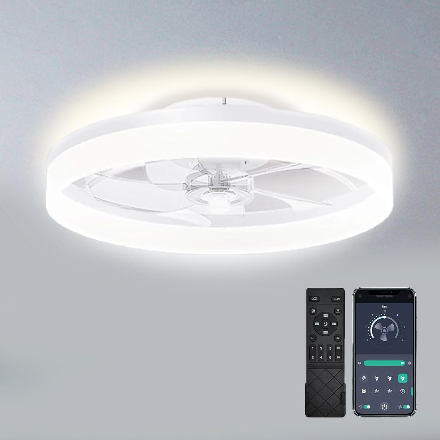 19.7 inch Low Profile Ceiling Fan with Lights and Remote, Fandelier Dimmable Ceiling Fan Flush Mount, 3000K-6500K Bladeless LED Fan Light for Bedroom,Dining Room and Kitchen White, 1 Pack