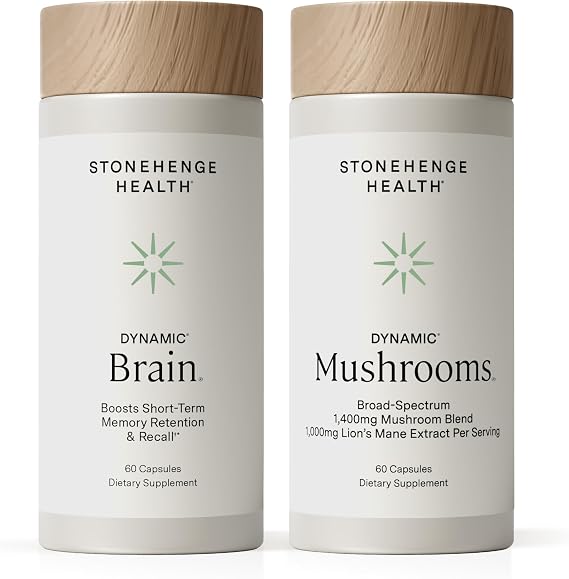 Stonehenge Health Dynamic Brain + Dynamic Mushrooms Bundle Memory Acquisition, Retention, Recall with 40 Unique Nootropic Brain & Immune System Support