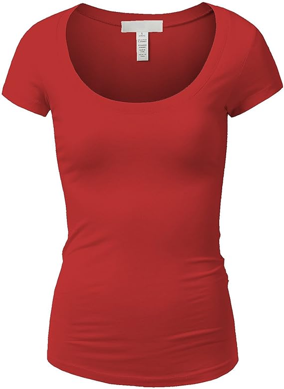 Active Basic Womens Plain Basic Deep Scoop Neck with Cap Short Sleeves - Red - Medium