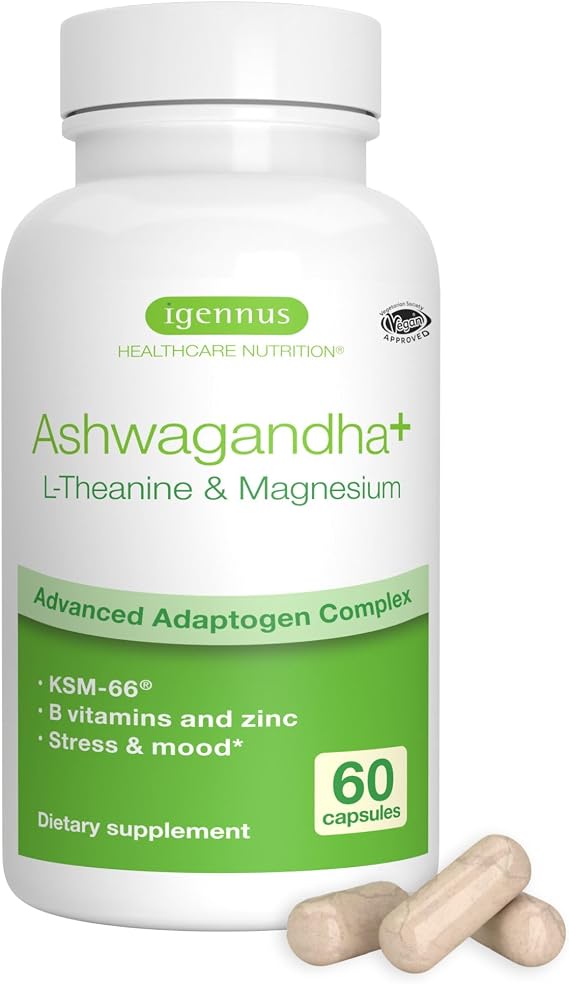 Igennus High Strength Ashwagandha KSM 66, Magnesium, L-Theanine 3 in 1 Stress, Calm and Replenishment Complex, Clean Label, 60 Fast Acting Capsules
