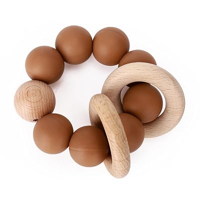 Socub Baby Teething Toy, Organic Baby Teething Ring, Silicone & Beech Baby Rattle Teether for 3 Months, BPA Free, Clay