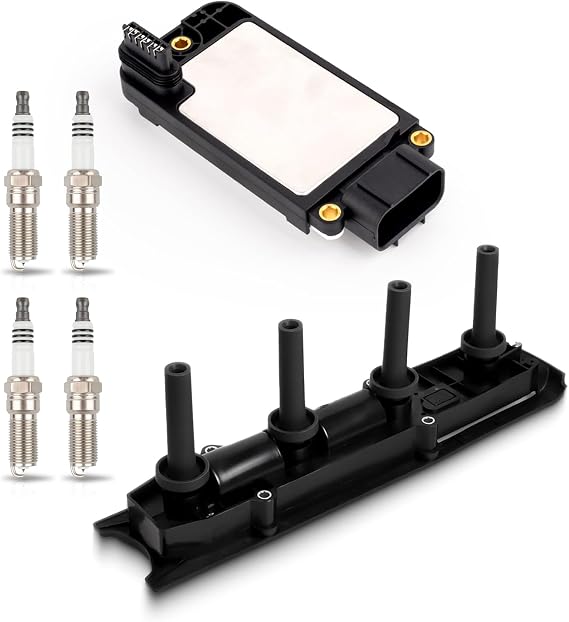ENA Ignition Coil Pack with Ignition Module and Set of 4 Platinum Spark Plug Compatible with Chevrolet Oldsmobile Saturn Pontiac Cavalier Malibu Alero Sunfire 2.2L 2.4L L4 Replacement For 5263 UF391