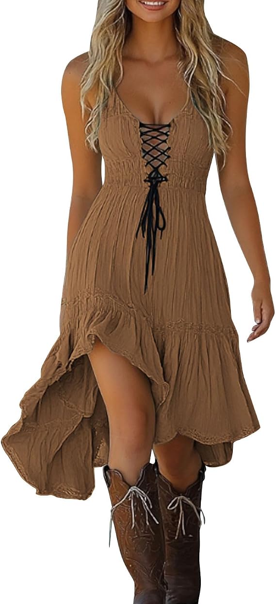 Yihaojia Women Boho Cotton Gauze Dress Sleeveless V Neck Flowy Irregular Hem Sundress with Drawstring for Summer Vacation