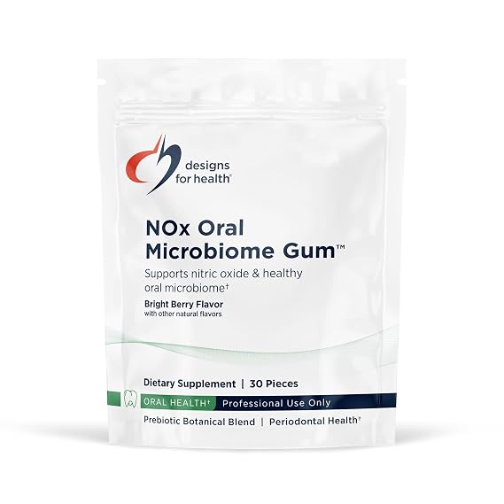 Designs for Health NOx Oral Microbiome Gum, Bright Berry - Nitric Oxide Booster Chewing Gum, Prebiotic Blend & Vitamin C - Vegan, Sugar Free (30 Pieces) | Nitric Oxide Booster Chewing Gum with Prebiotic Blend and Vitamin C, Vegan, Sugar Free