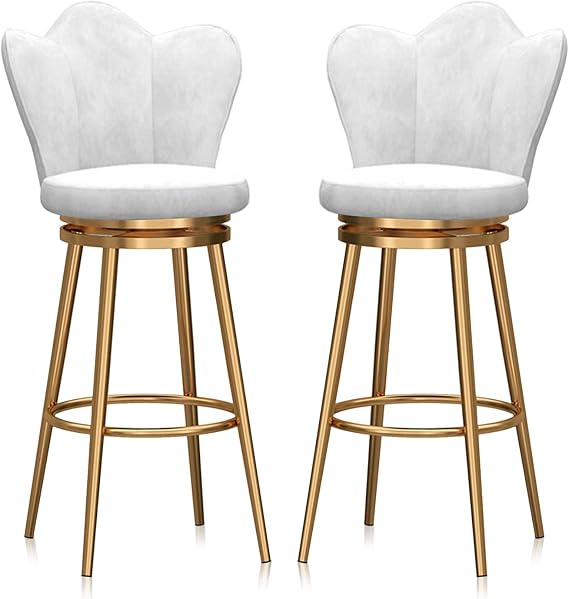 Bar Stool Modern Velvet Bar Stools Set of 2, 360 Swivel Dining Chairs with Sturdy Metal Legs, Stylish Counter Height Barstools for Kitchen Island & Home Office, 75cm White-C