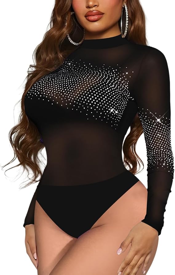 Lrady Women Sheer Mesh Rhinestone See Through Sparkle Long Short Sleeve Bodysuit Tops