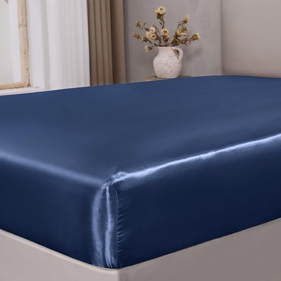 BEDELITE Satin Fitted Sheet King Size with Elastic Corner Straps, Navy