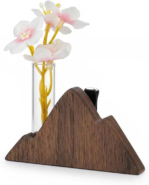 Little Glass Flower Vase Air Vent Clip, Wooden Stand Car Aroma Diffuser, Car Air Vent Decor Plant Holder, Auto Interior Decorations (Black Walnut Peak)