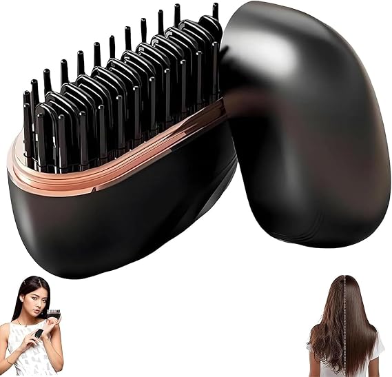 Mini Hair Straightener Brush, Wireless Rechargeable, 3-Speed Temperature Control, Portable for Home and Travel, Black (Black)