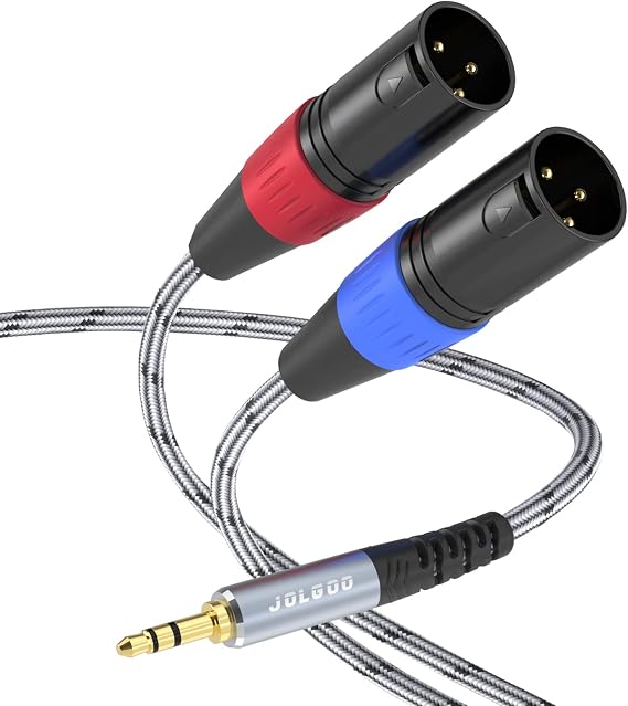 JOLGOO 3.5 mm TRS to Dual XLR Male Pro Stereo Breakout Cable, 1/8" TRS Stereo to 2 XLR Male Y Splitter Patch Microphone Cable, 3.3 Feet