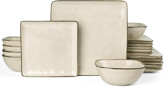Famiware Square Ceramic Dinnerware Sets for 6, Light khaki