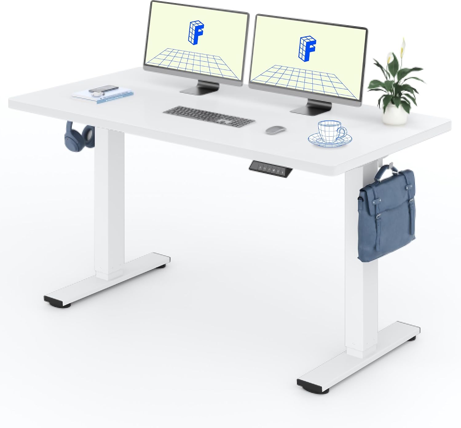 FLEXISPOT E1 Plus 140 * 80cm Electric Height Adjustable Standing Desk ONE PIECE Sit Stand Up Desk with Memory Smart Panel Backpack Hook, Home Office (White Frame+ White Desktop)