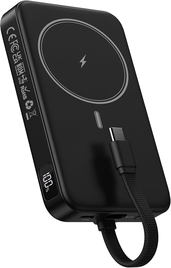 GREPRO Magnetic Portable Charger, 10000mAh Wireless Power Bank with a 22.5W USB-C Cable, for Magsafe Battery Pack, LED Display for iPhone 1717 Air17 Pro17 Pro Max1615141312 Series, AirPods